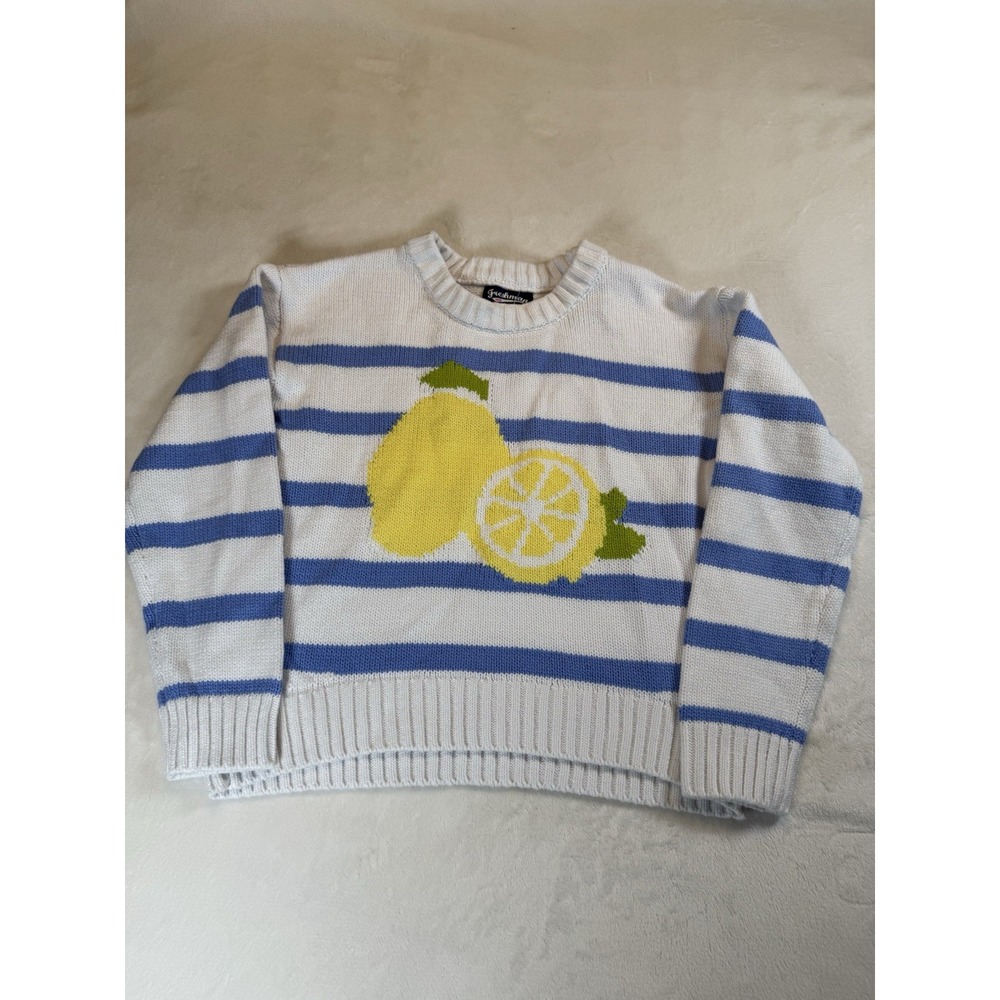 Freshman 1996 Girls L 12/14 Lemon Striped Sweater Blue White Cotton Blend NWOT